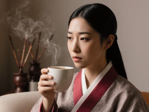 전통 한복 차림의 혼혈 10대 소녀가 아늑한 방에서 뜸실이 보이는 공간에 앉아 커피를 마시며 지루한 표정을 짓고 있습니다. 평화로운 분위기를 자아냅니다.