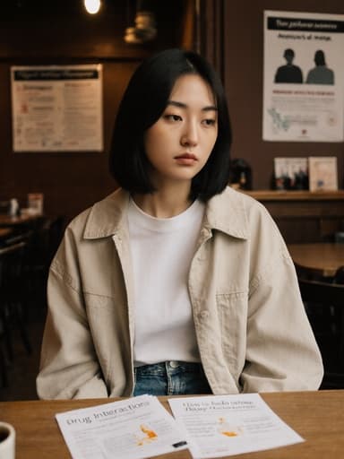 10대 후반 아시아계 여성 모델이 따뜻한 카페에서 티셔츠와 청바지, 가벼운 재킷을 입고 테이블 위의 약물 관련 자료를 바라보며 앉아 있습니다. 무관심한 표정은 약간의 피로감을 느끼게 하며, 아늑한 카페 분위기와 약물 상호작용에 대한 포스터가 있는 독특하고 매력적인 배경을 만들어냅니다.