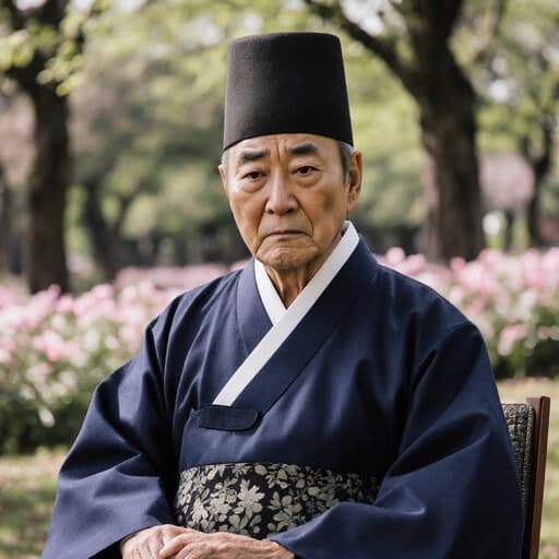 70대 한국인 남성이 전통 한복을 입고 의자에 앉아 손을 무릎 위에 올리며 걱정스러운 표정을 짓고 있는 반신 사진, 조용한 공원에서 나무와 꽃들로 둘러싸여 있습니다.