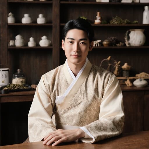 전통 한복을 입고 자신감 넘치게 나무 테이블에 손을 올리고 있는 20대의 유럽계 남성, 한약재와 치료 도구들이 가득한 전통 한의원 내부에서 문화적 풍요로움과 현대적 우아함이 어우러진 분위기를 만들어낸다.