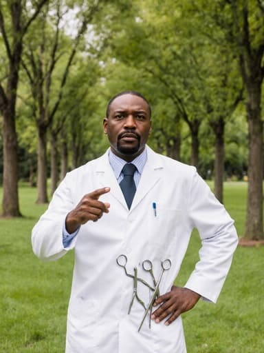 이미지에는 40대 아프리카계 남성 수의사가 흰색 코트를 입고 자연이 풍부한 공원에 서 있는 모습이 담겨 있습니다. 그는 지루한 표정을 지으며 한 손으로 수의사 도구를 가리키고 다른 손은 허리에 두고 있습니다. 조화로운 자연 환경 속에서 그의 무관심한 모습이 대비를 이룹니다.