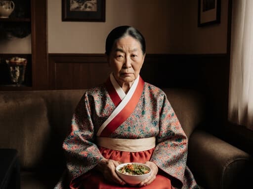 70대 동양인 여성이 화려한 문양의 전통 한복을 입고, 아늑한 카페 소파에 앉아 전통 음식을 만들 재료를 들고 있으며 불편한 표정을 짓고 있습니다. 배경은 전통 음식과 관련된 장식으로 꾸며진 따뜻한 카페 내부입니다.
