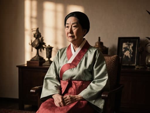 전통 한복을 입고 외로운 표정을 짓고 있는 70대 아시아계 여성의 반신 사진. 따뜻한 조명이 비추는 전통 소품들로 가득한 거실의 의자에 앉아 있습니다.