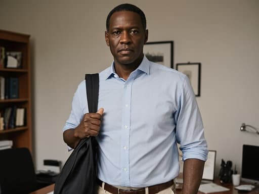 진지한 표정의 40대 아프리카계 남성이 편안한 셔츠와 바지를 입고 가방을 어깨에 메고 있는 반신 사진. 배경은 회의 환경을 암시하는 집 사무실로 꾸며져 있으며, 그의 진지한 표정은 집중과 전문성을 반영합니다.