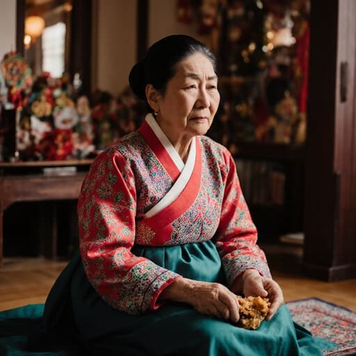 따뜻한 조명이 비추는 거실 바닥에 앉아 있는 한국인 70대 여성, 화려한 전통 한복을 입고 전통 음식을 들고 피곤한 표정을 지으며 축제의 장식들로 둘러싸여 있습니다.