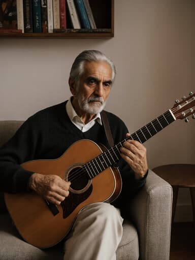 70대 중동계 남성이 은발을 하고, 편안한 카디건과 면바지를 입고 소파에 앉아 기타를 무심한 표정으로 들고 있는 반신 사진. 배경은 아늑한 거실로, 책장과 작은 테이블이 있어 따뜻한 분위기를 더합니다.