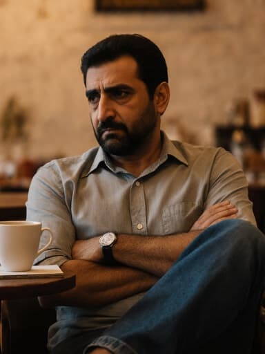 40대 중동계 남성이 자연스러운 외모로 아늑한 카페에 앉아 깊은 생각에 잠긴 모습의 반신 사진. 그는 편안한 셔츠와 청바지를 입고 있으며 슬픈 표정은 깊은 고민을 반영합니다. 그의 팔은 교차되어 있고 살짝 앞으로 기울여져 있으며, 생각에 잠겨 있습니다. 배경은 따뜻한 카페 내부로, 그의 앞 테이블에는 커피 잔과 메모장이 놓여 있어 평화롭고 성찰적인 분위기를 더하고 있습니다.
