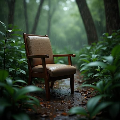 자연 재료로 만들어진 의자, 나무 질감과 세밀한 직물이 있는 의자가 잔잔한 비 내리는 숲속 환경에 놓여 있습니다.