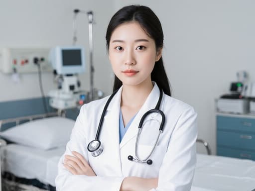 20대의 자연스러운 외모를 가진 자신감 있는 한국인 여성의 반신 사진. 의사 가운을 입고 청진기를 목에 걸고 있으며, 기다리는 자세로 팔짱을 끼고 여유로운 표정을 짓고 있습니다. 배경은 의료 기구와 환자 침대가 있는 병원 병실로, 그녀의 전문적인 태도를 잘 드러내는 임상적이면서도 친근한 분위기를 강조합니다.