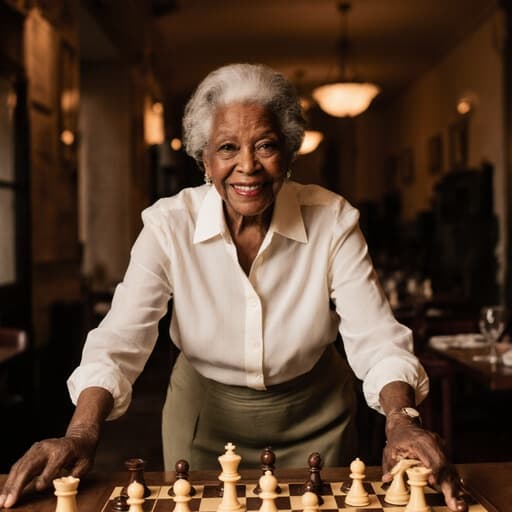 이 이미지는 80대의 우아한 흑인 여성이 자연스러운 외모를 가지고 있는 모습을 담고 있습니다. 그녀는 편안한 블라우스와 치마를 입고 고마운 미소를 지으며 체스판 위에서 춤추듯 우아한 자세를 취하고 있습니다. 따뜻한 조명이 비추는 아늑한 카페 배경이 초대하는 분위기를 만들어냅니다.