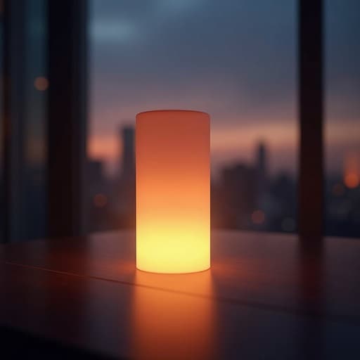 황혼의 도시 풍경 속 무드등, 고요하고 평화로운 분위기.