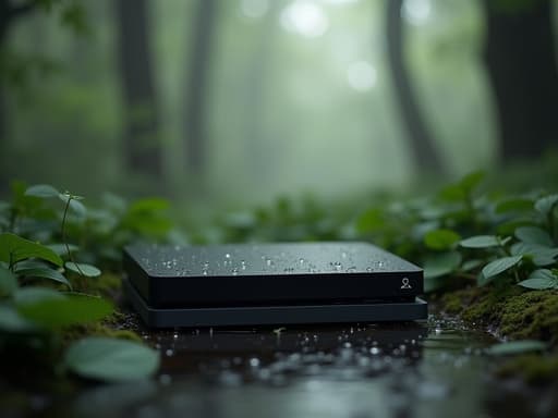비 내리는 숲속 배경의 게임 콘솔, 평화롭고 고요한 분위기.