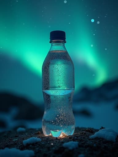 오로라가 빛나는 밤하늘에 있는 음료수 탄산음료 페트병, 평화롭고 매혹적인 분위기.