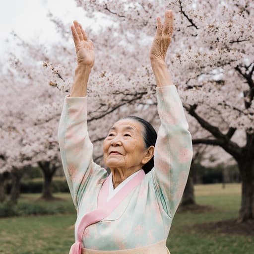 80대 동양인 여성의 반신 촬영으로, 부드러운 색상 패턴의 전통 한복을 입고 있으며, 아름다운 벚꽃이 만개한 공원에서 두 팔을 높이 들어 스트레칭을 하고 있는 모습이 담겨 있습니다. 그녀의 표정은 외로움과 약간의 슬픔을 드러냅니다.