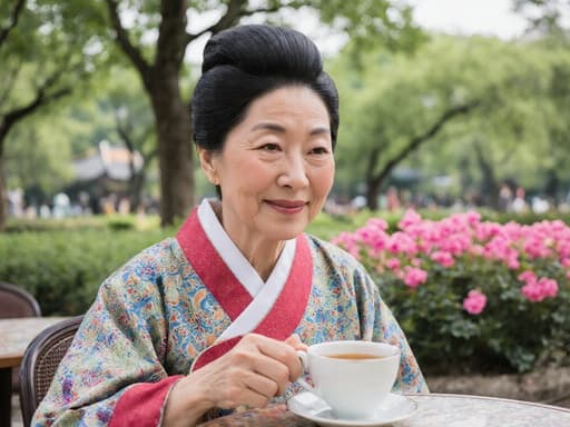 평온한 표정을 가진 70대 한국인 여성, 화려한 전통 한복을 입고 카페 테이블 위의 차 잔을 가볍게 잡고 있으며, 푸르른 나무와 화사한 꽃들로 둘러싸인 아름다운 공원 배경 속에서 이야기의 깊이를 느끼고 있는 모습.
