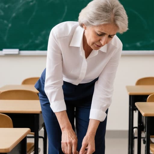 50대의 유럽계 여성의 반신 촬영으로, 자연스러운 외모를 가진 그녀는 깔끔한 블라우스와 정장 바지를 착용하고 있습니다. 프레젠테이션을 준비하며 긴장한 표정을 지으며 신발을 신는 모습입니다. 배경에는 여러 개의 책상과 칠판이 있는 학원 강의실이 보이며, 학문적인 분위기를 자아냅니다.