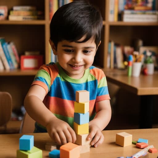 사랑스러운 외모를 지닌 3세 중동계 남자 아이가 화려한 티셔츠와 편안한 반바지를 입고, 따뜻한 분위기의 카페 테이블에서 책과 장난감이 놓인 곳에서 작은 블록을 쌓는 데 집중하며 사랑스러운 미소를 짓고 있는 반신 사진.