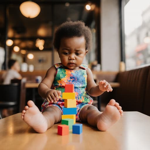 1세의 흑인 여성 아기가 화려한 의상을 입고 아늑한 카페에서 블록을 쌓으려다 실패한 채 다리를 뻗고 앉아 짜증난 표정을 짓고 있습니다. 배경에는 블록 장난감이 놓인 테이블이 있어 따뜻하고 매력적인 분위기를 만들어냅니다.