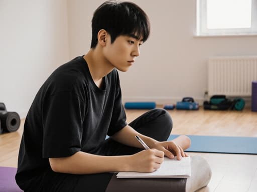 밝은 요가실에서 요가복을 입고 있는 젊은 동양인 남성이 노트에 무관심한 표정으로 글을 쓰고 있으며, 주위에는 요가 매트와 기구가 배치되어 있습니다.