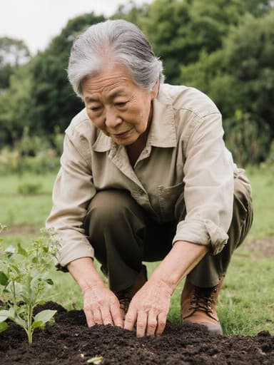 편안한 농부 스타일의 의상을 입고 흙을 만지작거리는 60대 동양인 여성을 반신 촬영한 이미지로, 스트레스를 받은 듯한 표정이지만 식물에 관심을 두고 있는 모습이 담겨 있으며, 자연과 농업의 조화를 느낄 수 있는 푸르른 공원을 배경으로 하고 있습니다.