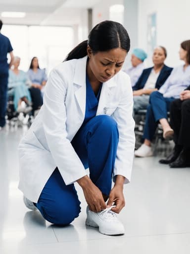 40대 아프리카계 여성의 반신 사진으로, 의사 가운과 의료용 신발을 착용하고 바닥에 무릎을 꿇고 신발을 매고 있으며, 그녀의 표정은 병원 업무의 스트레스를 나타내고 있습니다. 배경에는 환자와 보호자들로 가득 찬 병원 대기실이 보이며, 전문적인 의료 환경 속에서의 그녀의 스트레스를 잘 표현한 장면입니다.