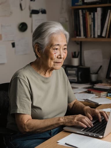 60대 아시아계 여성의 반신 사진으로, 자연스러운 외모를 가진 그녀는 편안한 티셔츠와 청바지를 입고 있습니다. 그녀는 슬픈 표정을 지으며 눈물을 흘리며 노트북 화면을 바라보고 있으며, 손은 키보드 위에 올려져 있습니다. 배경은 여러 개의 책과 노트가 흩어져 있는 정돈된 책상으로, 그녀의 감정 상태에도 불구하고 집중한 작업의 분위기를 만들어냅니다. 부드럽고 따뜻한 조명이 장면의 감정적인 분위기를 강조하며 그녀의 외모와 주변의 세부 사항을 돋보이게 합니다.
