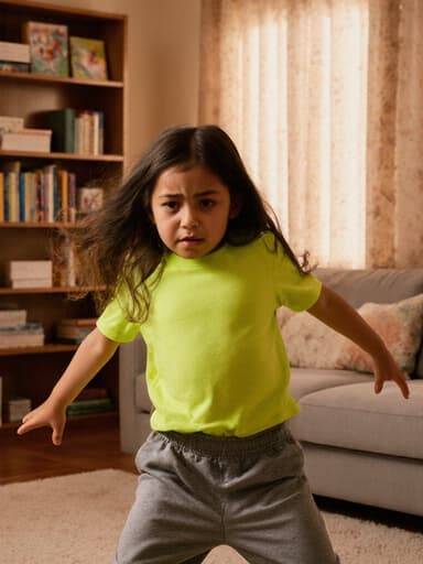 7세 혼혈 소녀의 전신 사진으로, 긴 머리를 자연스럽게 풀어헤치고 밝은 티셔츠와 운동복 바지를 입고 있습니다. 그녀는 무서운 표정을 지으며 양팔을 벌리고 춤추는 자세로, 무언가를 피하려는 듯 보입니다. 따뜻한 느낌의 거실 배경은 아늑한 소파와 매력적인 책장이 있어 초대하고 아기자기한 분위기를 자아냅니다.