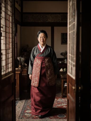 80대 한국인 여성이 전통 한복을 입고 조용히 걷고 있는 모습의 전신 사진. 전통 한국 소품들이 놓인 거실에서 무관심한 표정을 지으며, 따뜻한 색감의 장식과 자연광이 조화를 이루어 평화로운 분위기를 자아냅니다.