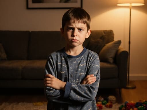 짧은 갈색 머리와 큰 눈을 가진 7세 유럽계 남자아이가 아늑한 거실에서 편안한 파자마와 슬리퍼를 착용하고 서 있습니다. 팔짱을 끼고 짜증난 표정을 지으며 잠이 오지 않는 듯한 모습입니다. 따뜻한 조명과 흩어져 있는 장난감들이 포근한 분위기를 만들어내며, 집에서의 어린 시절의 본질을 완벽하게 포착하고 있습니다.