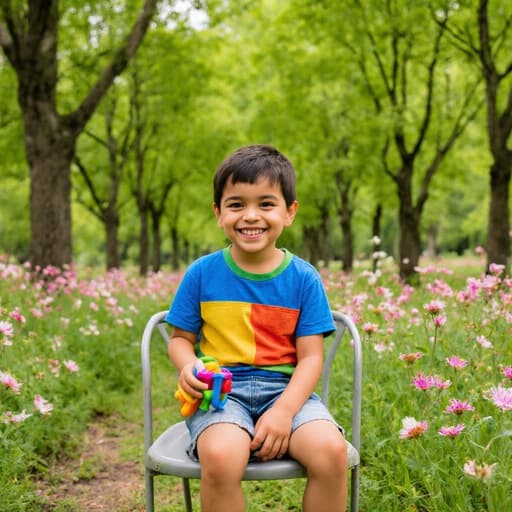 푸르른 공원에 앉아 있는 7세의 라틴계 남자아이의 매력적인 초상. 밝은 색상의 티셔츠와 반바지를 입고 장난감을 손에 쥐고 귀여운 웃음을 짓고 있으며, 푸르른 나무와 화려한 꽃들로 둘러싸여 어린이 놀이의 본질을 표현하고 있습니다.