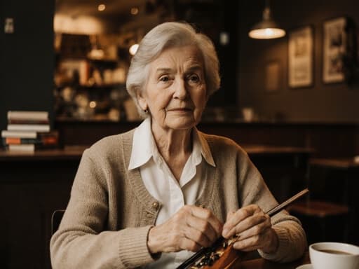 70대 유럽계 여성이 아늑한 카페에 앉아 카디건과 블라우스를 입고 있습니다. 그녀는 악기를 만지작거리며 지루한 표정을 짓고 있습니다. 카페에는 커피 잔과 책들이 놓여 있어 평화롭고 사색적인 분위기를 연출합니다.