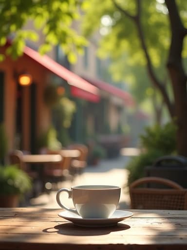 러스틱한 나무 테이블 위의 도자기 머그컵, 따뜻한 햇살이 푸른 나무 사이로 비추고, 표면에 부드러운 그림자가 드리워지며, 배경에는 매력적인 프랑스 카페 테라스의 흐릿한 모습이 포함됨, 따뜻하고 초대하는 분위기, 느긋한 기분