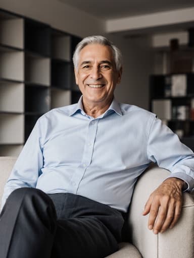 60대 중동계 남성이 편안한 비즈니스 캐주얼 의상을 입고 소파에 앉아 자연스럽게 미소를 지으며 여유로운 표정을 짓고 있는 모습, 현대적인 모델링실의 배경에 다양한 건축 자재들이 정리되어 있습니다.