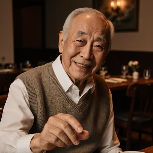 80대 동양인 남성이 편안한 카라 셔츠와 니트 조끼를 입고 아늑한 카페에서 반신 촬영된 모습입니다. 그는 친근한 표정과 따뜻한 미소를 지으며 테이블을 가리키며 대화하는 자세를 취하고 있으며, 따뜻하고 초대하는 카페의 분위기 속에 있습니다.