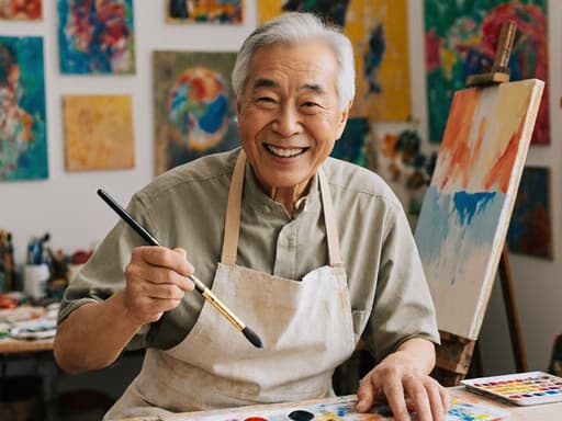 편안한 작업복과 앞치마를 착용한 60대 동양인 남성이 붓을 들고 즐겁고 영감을 받은 듯한 모습으로 그림을 그리고 있는 작업실에서 다양한 그림과 물감이 놓인 작업대에 둘러싸여 있습니다.
