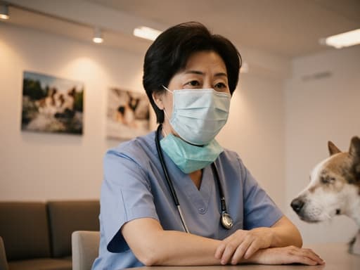 병원 유니폼을 착용하고 의료용 마스크를 목에 걸고 있는 60대 한국인 여성의 반신 사진. 그녀는 스트레스를 받은 표정으로 회의용 테이블에 손을 올리고 상황을 고민하며 주위를 응시하고 있는 모습. 밝고 따뜻한 조명의 병원 대기실에서 동물 사진들이 벽에 걸려 있다.