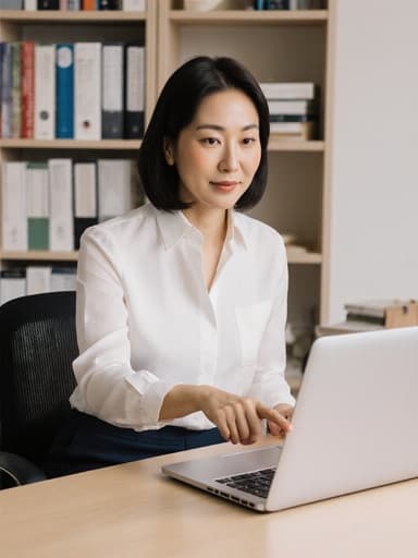 40대 여성의 반신 사진으로, 자연스러운 외모와 편안하면서도 집중하는 표정을 지닌 그녀가 정돈된 연구실의 책상에 앉아 노트북 화면을 가리키고 있습니다. 배경에는 여러 연구 자료가 정리된 책장이 있어 차분하고 전문적인 분위기를 강조합니다.