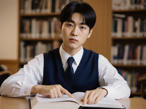 조용한 도서관에서 책상 위의 책을 가리키며 집중한 표정을 짓고 있는 10대 후반의 동양인 남성이 학교 교복을 입고 있는 모습이 반신 촬영으로 포착되었습니다. 배경은 책장으로 가득 차 있으며 따뜻한 조명이 비추고 있습니다.