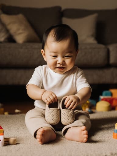 아늑한 거실에 앉아 있는 1세 남성 아기(아시아계)의 사랑스러운 반신 사진입니다. 아기는 편안한 티셔츠와 바지를 입고 두 손으로 신발을 잡고 있으며, 신발을 신으려는 모습에서 사랑스러운 표정을 짓고 있습니다. 주위에는 장난감과 쿠션이 놓여 있어 유쾌한 분위기를 자아냅니다.