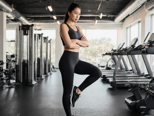 30대 동양인 여성의 반신 사진으로, 운동용 레깅스와 스포츠 브라를 착용하고 있으며, 자신의 체력 평가에 대해 걱정스러운 표정을 짓고 있는 모습입니다. 넓고 밝은 피트니스 공간에서 다양한 운동 기구가 배치되어 있습니다.