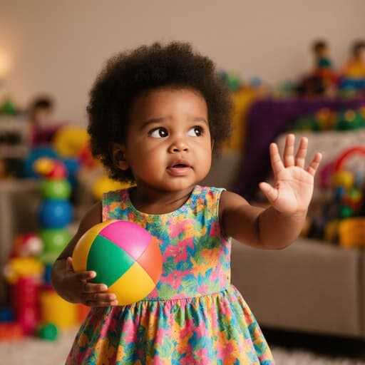 화사한 색상의 아기 원피스를 입은 귀여운 1세 흑인 여아가 장난감을 가득 담고 있는 아늑한 거실에서 호기심 어린 표정으로 주변을 바라보며 공을 들고 인사하는 모습의 반신 촬영입니다.
