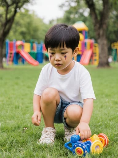 7세의 동양인 남성이 귀엽고 자연스러운 외모로 푸르른 잔디가 깔린 공원에 앉아 있는 전신 샷. 그는 슬픈 표정을 지으며 눈물을 흘리며 방금 떨어뜨린 장난감과 상호작용하고 있습니다. 배경에는 나무와 놀이터가 있어 그의 감정과 생동감 넘치는 공원 환경 사이의 대비를 형성합니다.