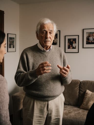 80대 유럽계 남성이 자연스러운 외모와 주름진 얼굴, 흰 머리를 가지고 서 있는 전신 사진입니다. 그는 편안한 니트 스웨터와 면 바지를 입고 있으며, 따뜻한 느낌의 거실에 서 있습니다. 남성은 가족과의 대화에 집중하며 피곤한 표정을 지으면서 손으로 가볍게 제스처를 취하고 있습니다. 배경은 소파와 가족 사진이 걸려 있는 따뜻한 거실 공간으로, 가족 간의 유대감을 강조하는 초대하는 분위기를 만들어냅니다.