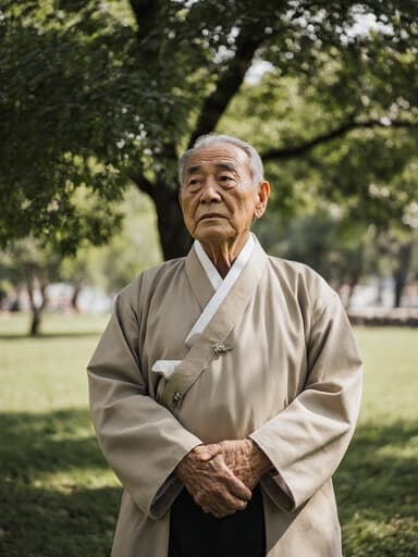 70대 백인 남성이 전통적인 한복과 소박한 색상의 자켓을 입고 공원의 나무 그늘 아래 서 있는 전신 사진. 그는 걱정스러운 표정을 지으며 주변을 살펴보며 마음이 평화로운 모습이다.