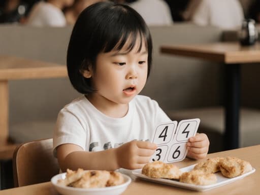 아늑한 카페에 앉아 있는 3세의 동양인 소녀의 따뜻한 장면. 편안한 티셔츠와 반바지를 입고 배고픈 표정을 지으며 숫자 카드를 들고 숫자를 세고 있습니다. 간단한 간식이 놓인 테이블과 따뜻한 카페 배경이 어린 시절 탐구의 즐거운 분위기를 더해줍니다.