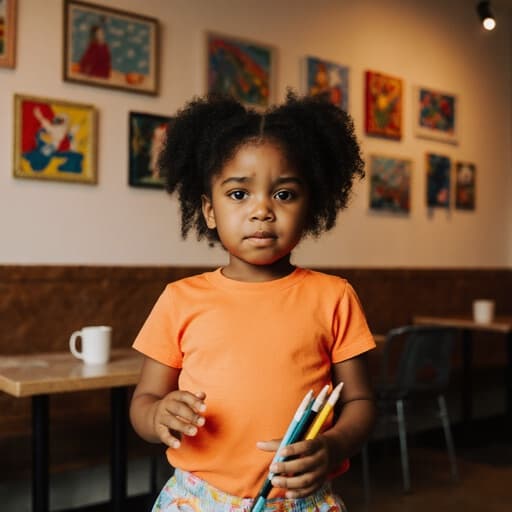 따뜻하고 아늑한 카페에서 약간 불안한 표정을 지으며 귀여운 외모를 가진 3세 흑인 여아의 반신 촬영입니다. 밝은 색상의 티셔츠와 편안한 바지를 착용하고 있으며, 그림 그리기 도구를 손에 들고 친근하게 인사하는 모습입니다. 카페 내부는 다양한 그림들이 벽에 전시되어 있어 그녀의 장난스럽지만 수줍은 분위기를 잘 살려주는 아늑한 환경입니다.