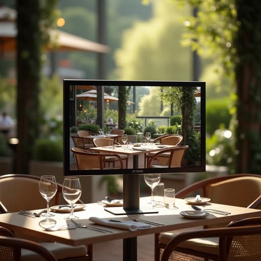 고급 레스토랑 테라스에 있는 초현실적인 모니터, 우아한 가구, 부드러운 그림자, 흐릿한 녹지 배경, 따뜻한 분위기