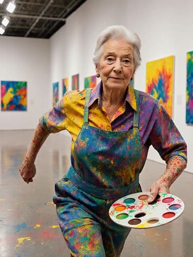 60대 백인 여성의 전신 사진으로, 자연스러운 외모와 화려한 색상의 페인트 얼룩이 있는 작업복을 입고 있습니다. 그녀는 무표정으로 집중한 모습으로 팔을 뻗으며 달리고 있으며, 한 손에는 팔레트를 들고 있습니다. 배경은 다양한 그림이 걸린 화려한 색채의 전시실 내부로, 에너제틱하고 예술적인 분위기를 만들어냅니다.