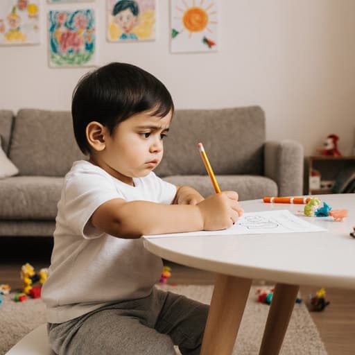1세 남자 아기가 아늑한 거실의 테이블에 앉아 편안한 티셔츠와 신축성이 있는 바지를 입고 있습니다. 그는 긴장한 자세로 연필을 쥐고 그림을 그리려 하며 불안한 표정을 지으며 주변을 살피고 있습니다. 벽에는 아이들이 그린 그림들이 걸려 있고, 장난감들이 흩어져 있어 따뜻하지만 약간 불안한 분위기를 자아냅니다.