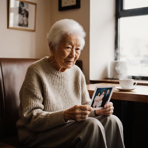 70대 동양인 여성이 편안한 니트 스웨터와 팬츠를 입고, 손에 가족 사진을 들고 스트레칭하는 반신 사진이다. 그녀는 무관심한 표정으로 사진을 바라보고 있으며, 테이블 위에 커피가 놓인 아늑한 카페의 내부 배경에서 촬영되었다. 이 장면은 카페의 따뜻한 분위기와 가족의 추억이 어우러진 반영의 순간을 포착한다.